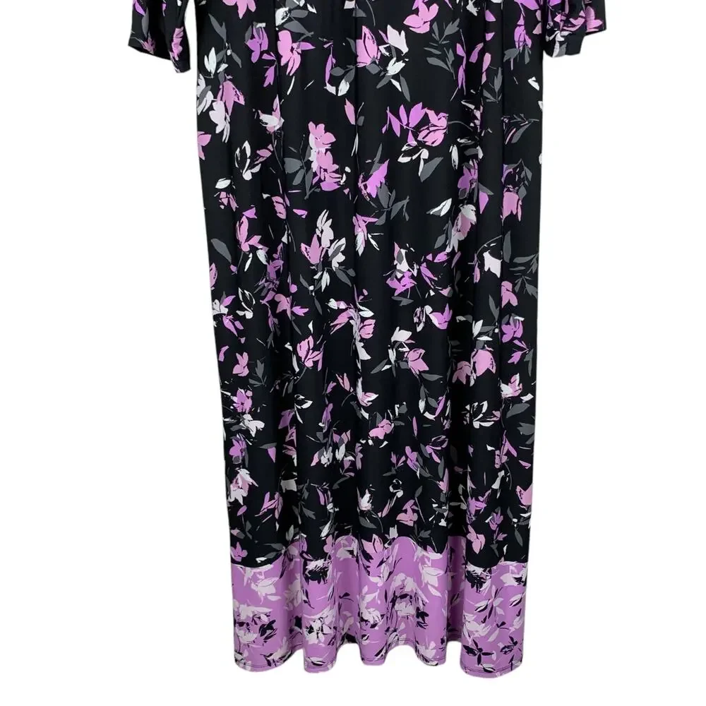 Catherines Faux Wrap Dress Maxi Black Purple Dark Floral Stretchy Womens 14 16WP - Picture 6 of 8